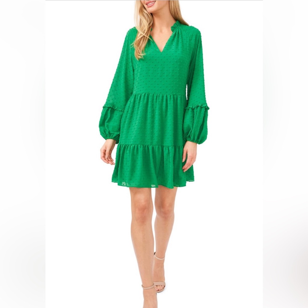 CeCe - Clip Dot Ruffle Long Sleeve Slip Dress - SZ M